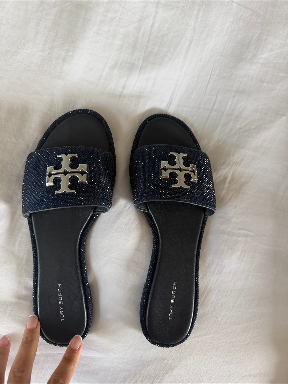 Tory Burch Navy Blue Glitter Slide Sandals